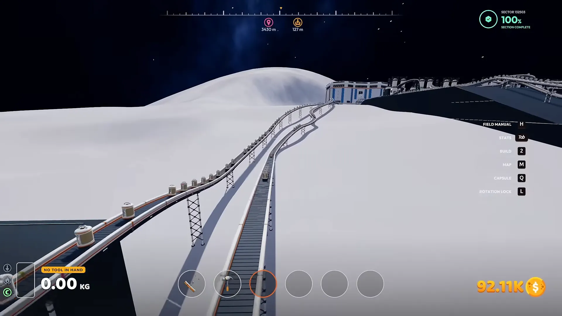 Moon Sweepers raised conveyor belt lines running across the lunar surface to the base